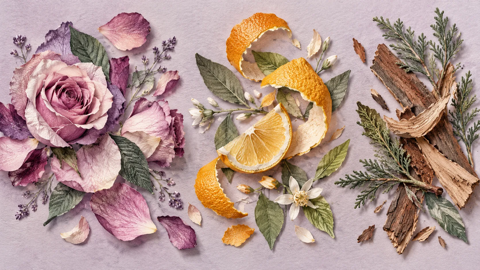 Botanical note-study illustration with generic fragrance bottle