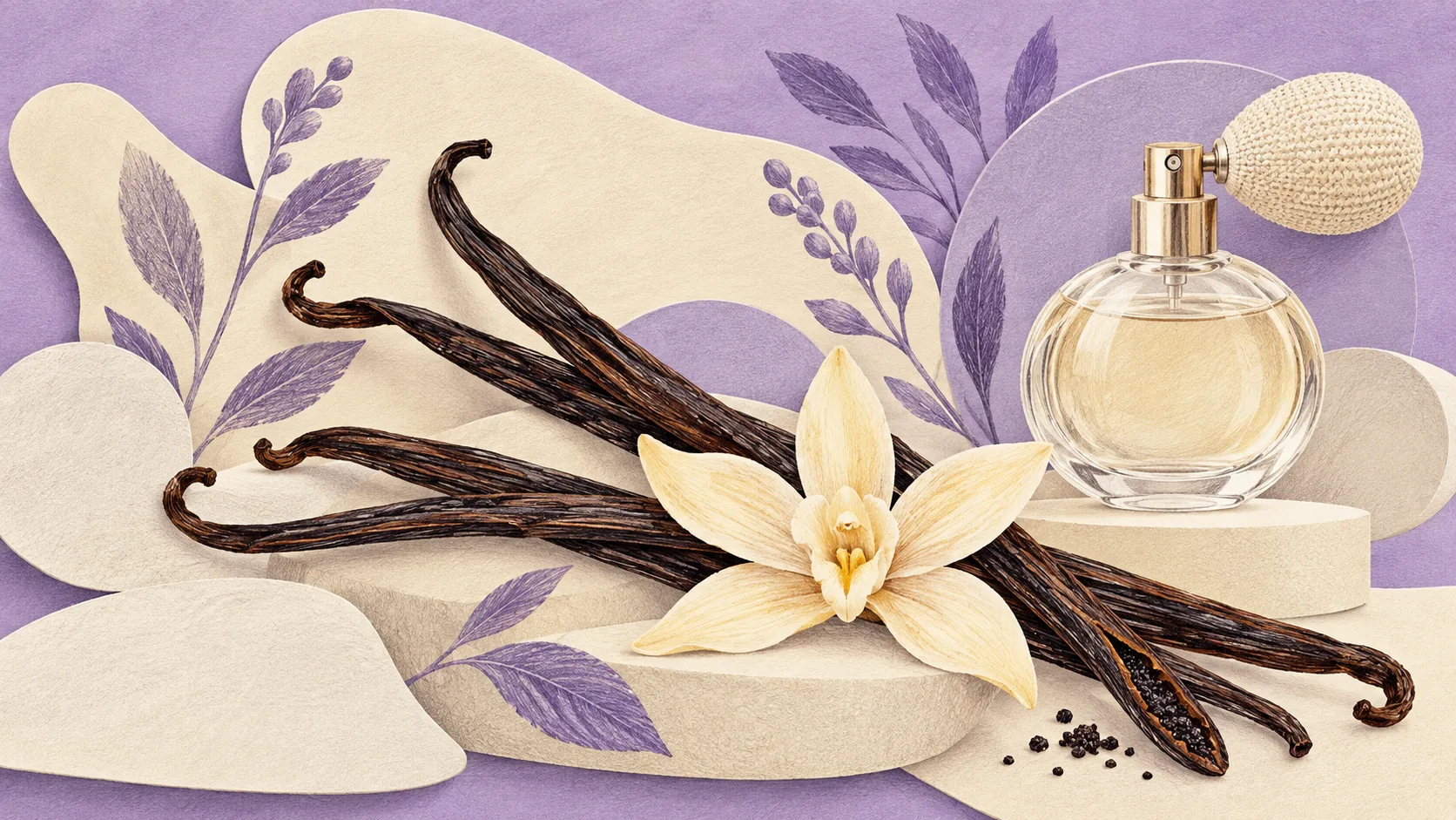 Illustrated vanilla pods and a flower beside a generic atomizer