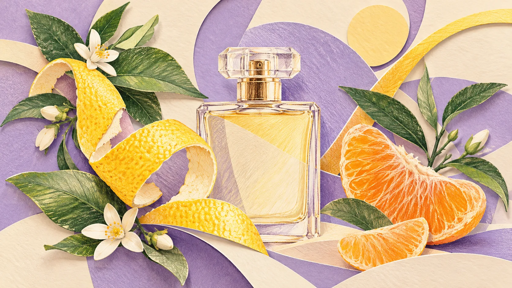 Citrus peel, orange and leaves in a botanical illustration