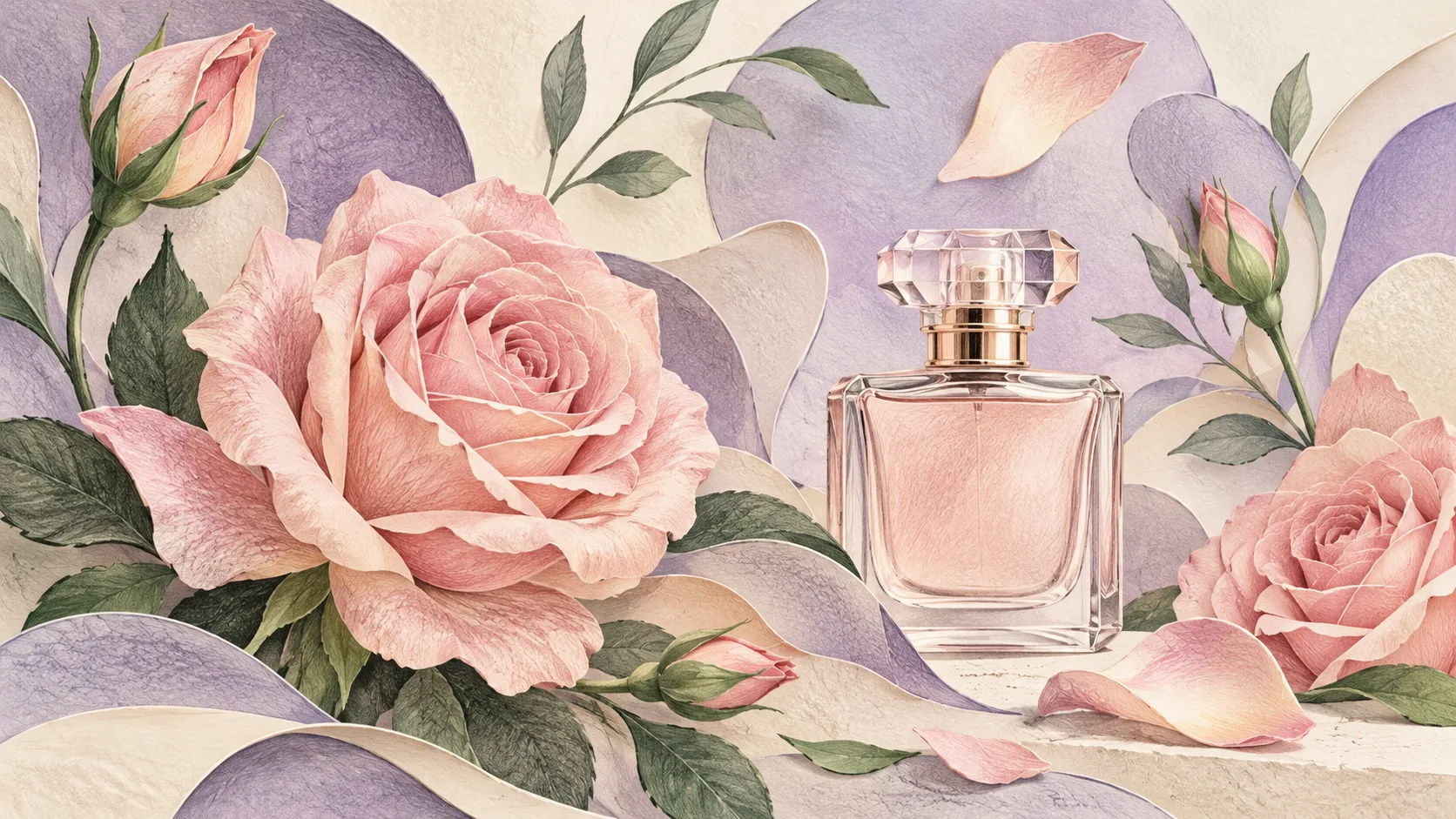 Illustrated rose petals and green stems beside a generic fragrance bottle