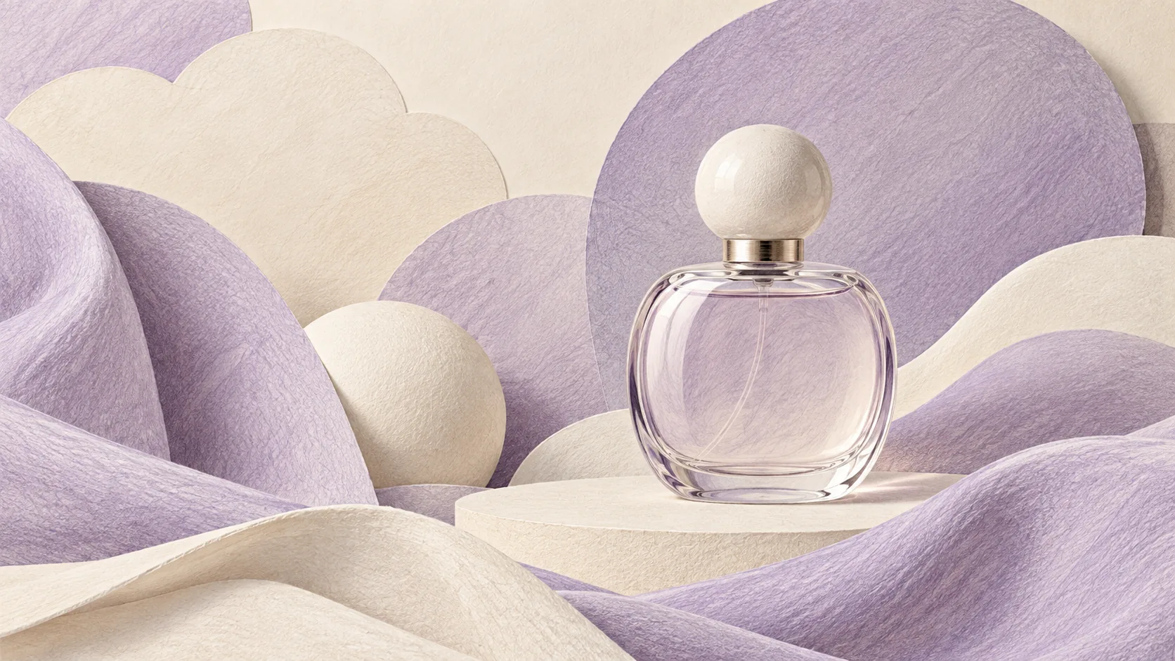 Generic perfume bottle among abstract soft fabric-like shapes