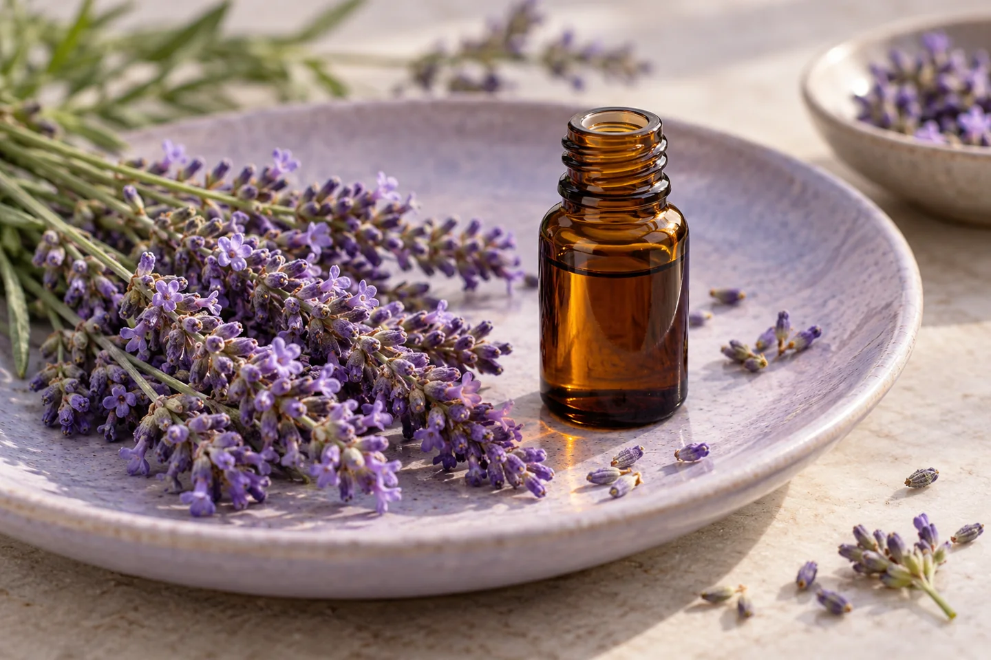 Lavender sprigs and plain amber vial on ceramic