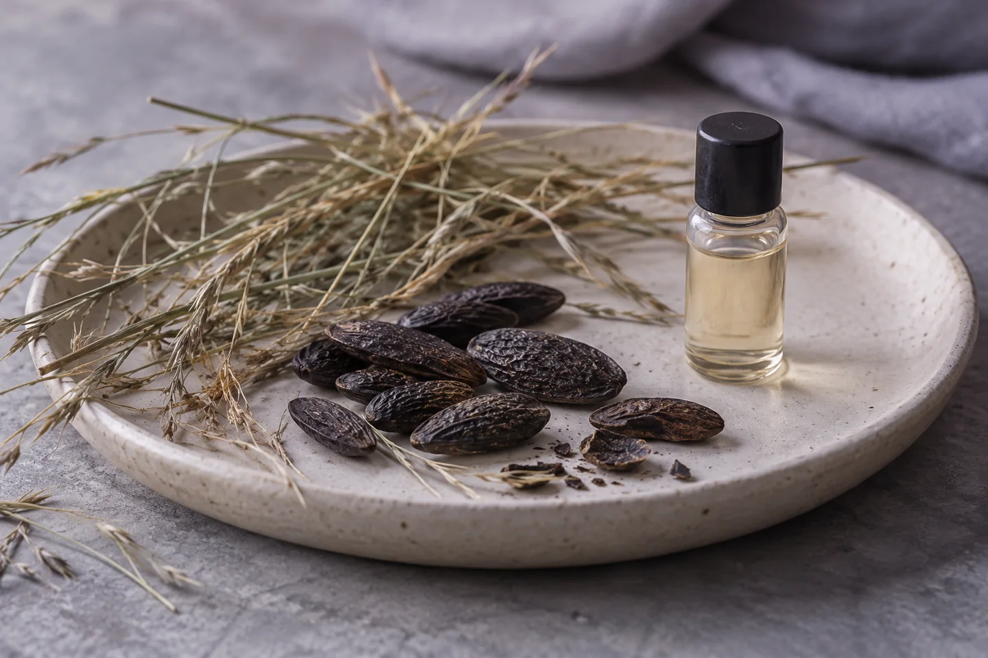 Tonka beans and dried hay stems beside a sealed plain aroma vial