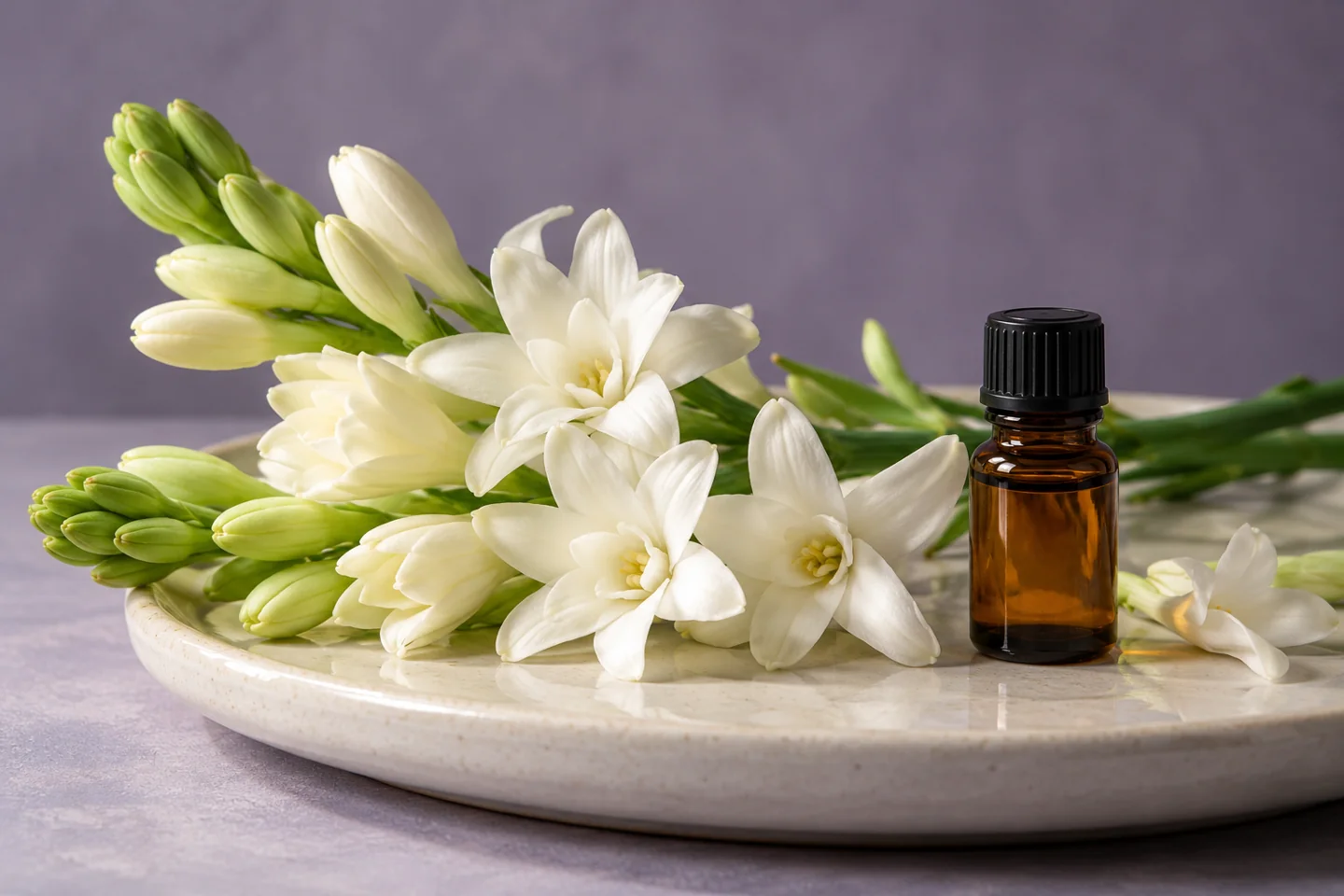 White tuberose flowers beside sealed amber aroma vial on pale ceramic