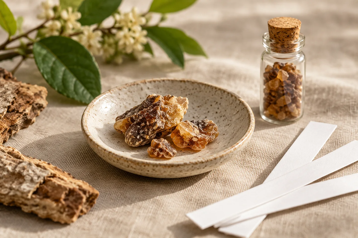Benzoin resin tears in a ceramic dish beside a capped generic ingredient vial