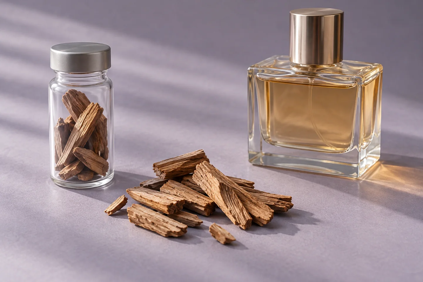 Wood pieces, sealed generic vial and unbranded perfume bottle