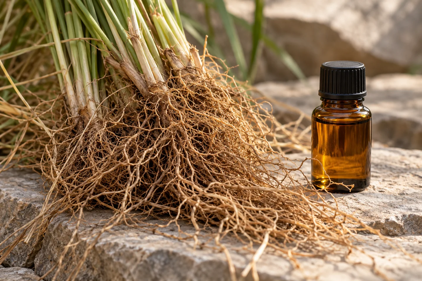 Fine tangled vetiver grass roots beside a generic sealed ingredient vial